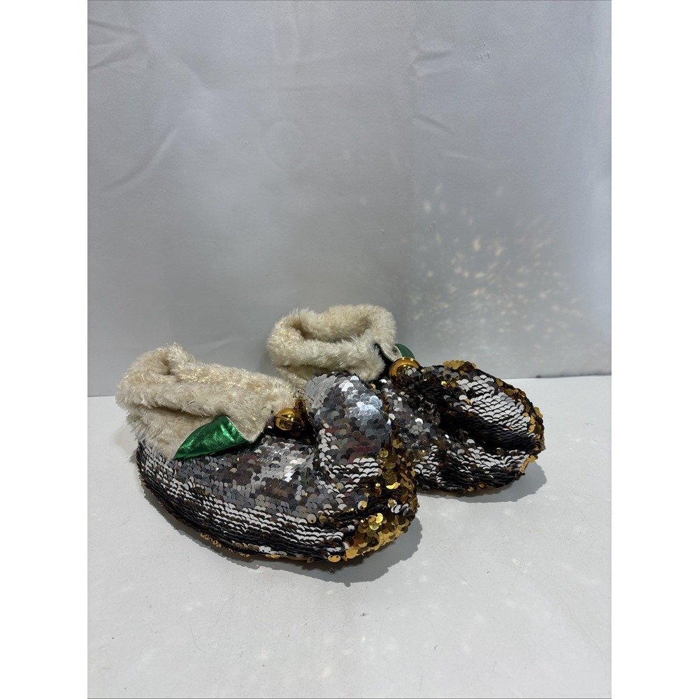 Dan Dee Collectors Choice Elf Sequin Slippers Gold/Silver Jingle Bell S/M (5-8)